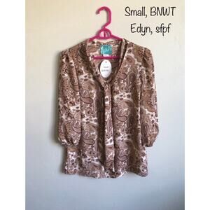 Edyn Small Brown Paisley Print Business Casual Blouse